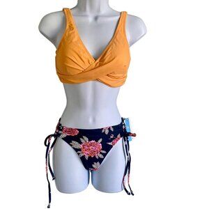Cupshe Solid Top Floral Bottom Bikini 2 Piece Swimsuit Set Women's Small NEW